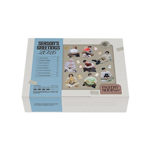 ATEEZ 2026 Season's Greetings Pastry Shop themed K-pop merchandise package with photocard benefits